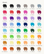 Flippy Pennor 48-pack färgöversikt – komplett färgpalett med dubbla spetsar och nyanser från Pastel Yellow till Midnight Black, idealisk för barn och unga konstnärer som vill utforska färg och detaljer.
