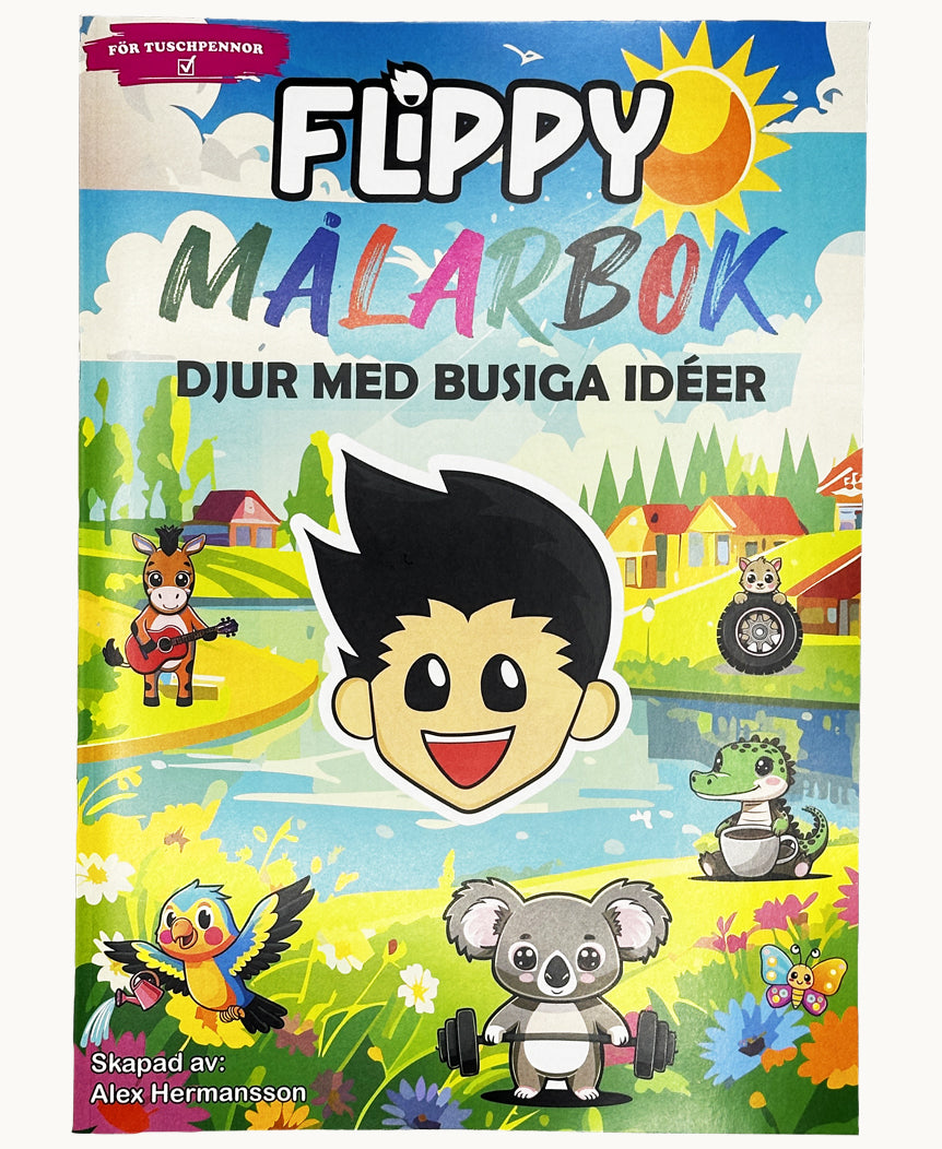 Framsidan på målarboken i Ritpaketet från Flippy – full av busiga djurmotiv som inspirerar både barn och vuxna till färgglad kreativitet.