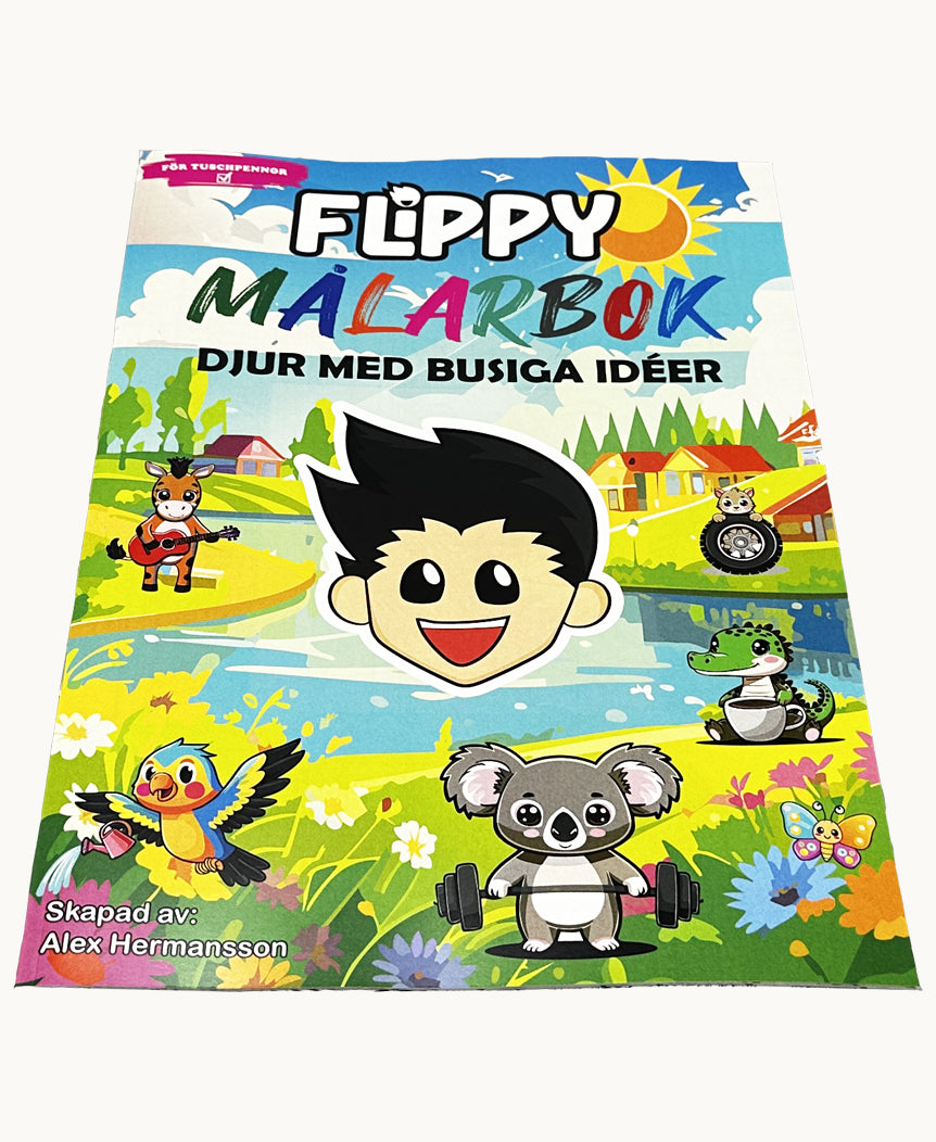 Framsidan på Flippy Målarbok i perspektiv – bjuder in till kreativ färgläggning med glada djurmotiv och färgsprakande illustrationer.