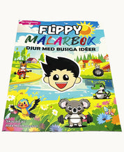 Framsidan på Flippy Målarbok i perspektiv – bjuder in till kreativ färgläggning med glada djurmotiv och färgsprakande illustrationer.