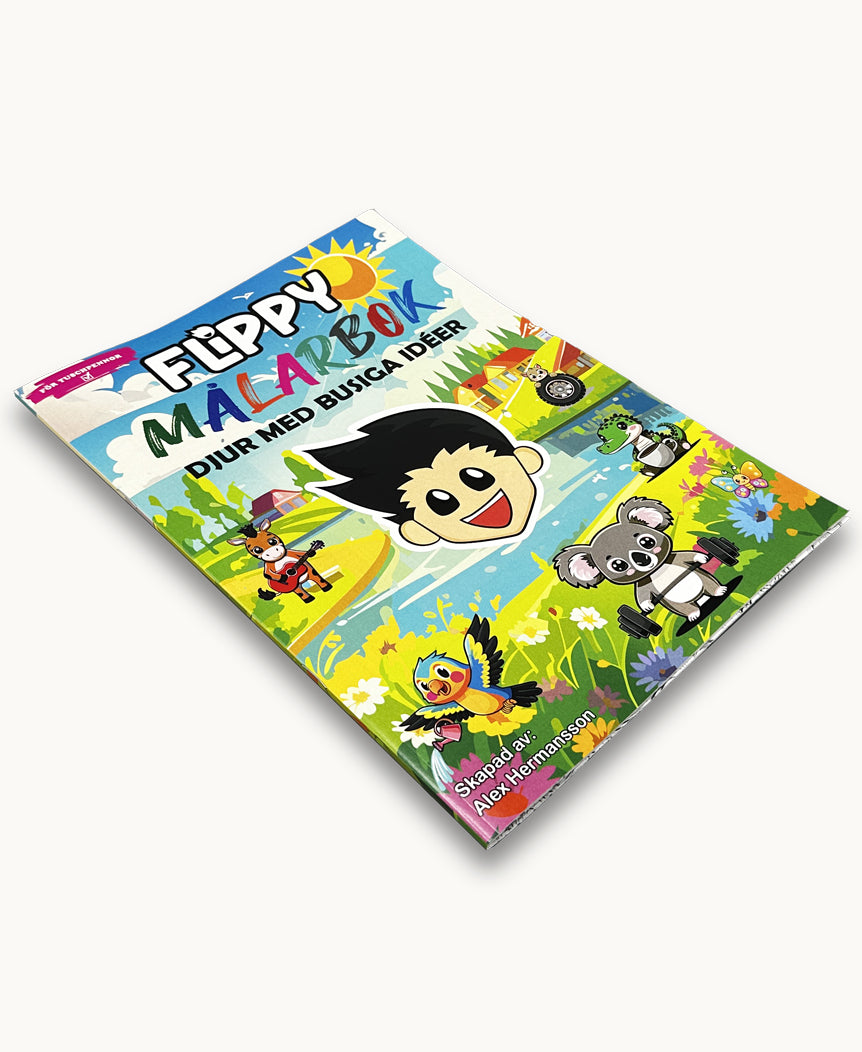 Flippy Målarbok sett i vinkel – en rolig och lärorik pysselbok för barn med 30 unika sidor av fantasifulla djur.