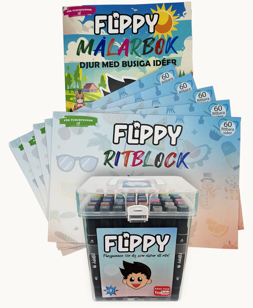 Mellanpaketet från Flippy – komplett ritkit med tuschpennor, ritblock och målarbok för barn och vuxna som älskar att färglägga och skapa