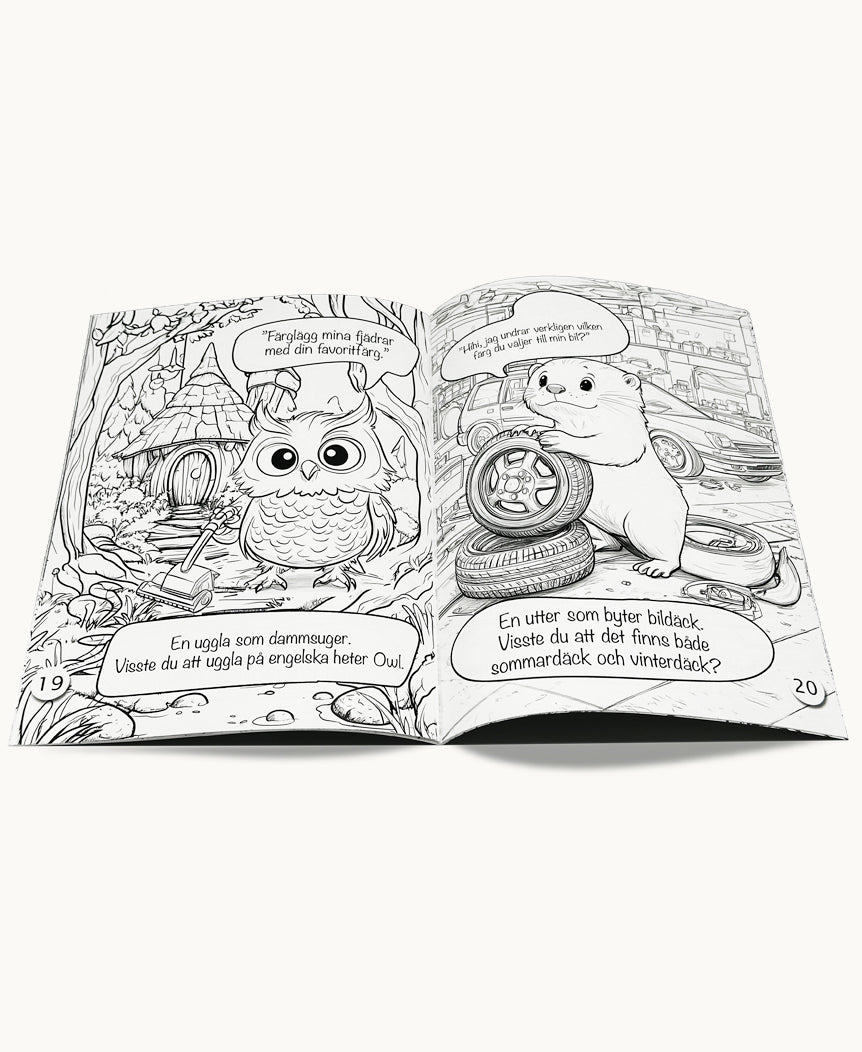 Detaljerad uppslagen sida ur Flippy Målarbok med koala och noshörning i roliga miljöer – perfekt för barns fantasi och finmotorik.