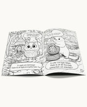 Detaljerad uppslagen sida ur Flippy Målarbok med koala och noshörning i roliga miljöer – perfekt för barns fantasi och finmotorik.