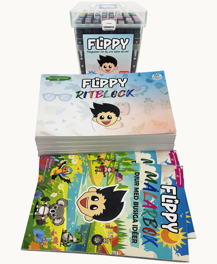 Stora Paketet från Flippy – komplett skaparkit med 24 tuschpennor, 5 ritblock och 1 målarbok, perfekt för barn och vuxna som älskar att skapa.