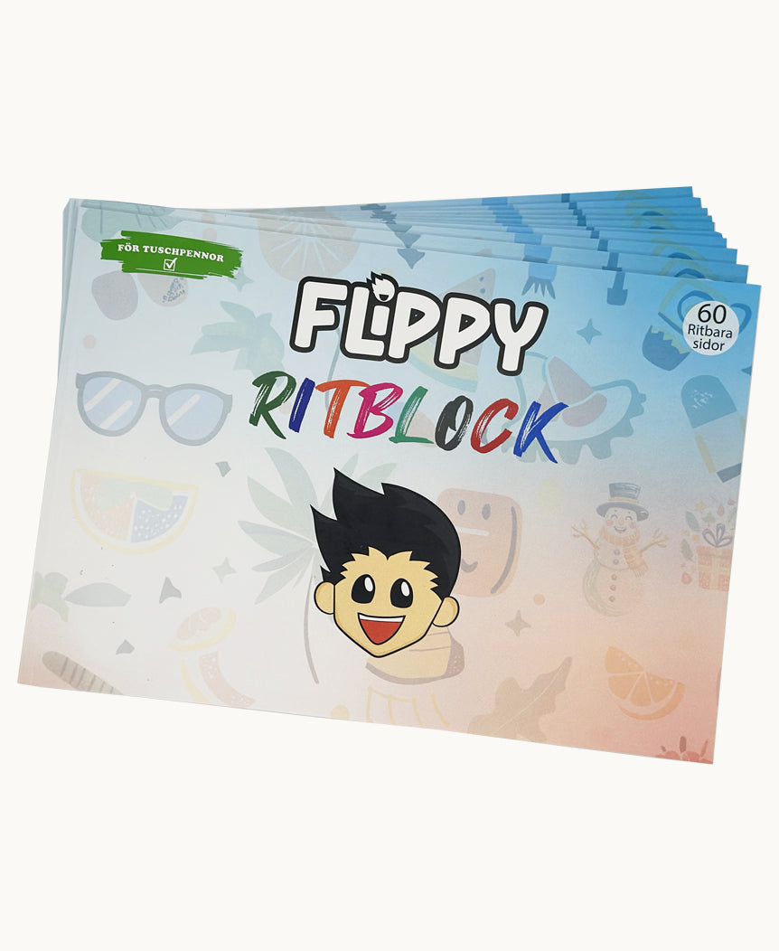 Flippys ritblock som ingår i Stora Paketet – 60 ark tjockt papper anpassat för färgpennor och tusch, för barn och vuxna kreatörer.
